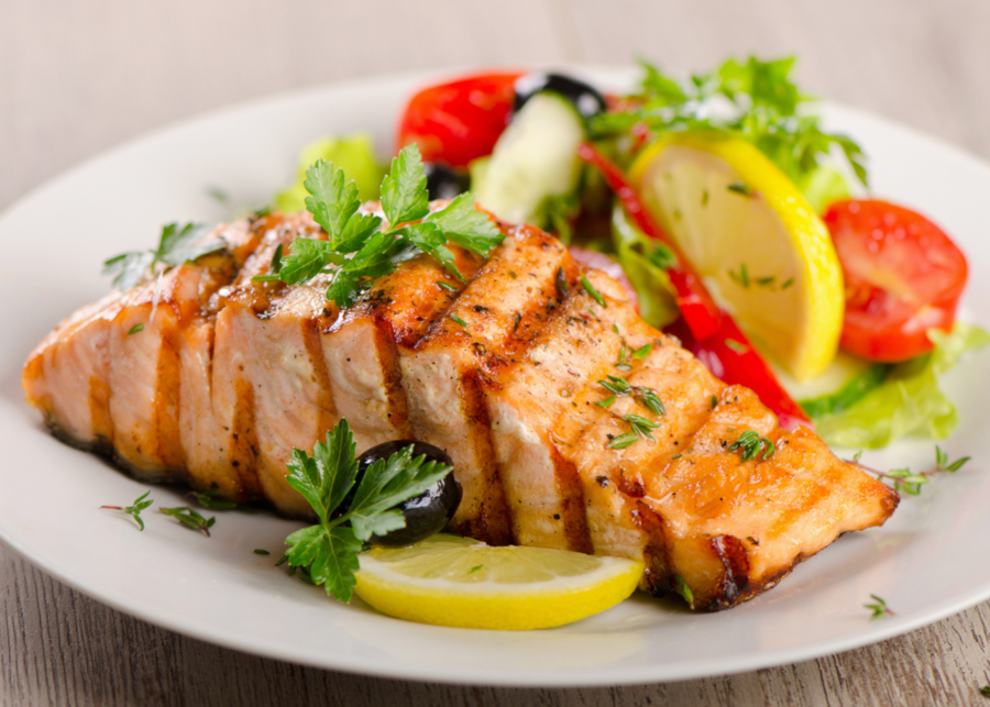 Salmon with fresh salad.
